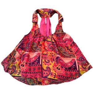 Free People Paisley Halter Tank Top Boho Festival Tie Neck Pink Orange Size L